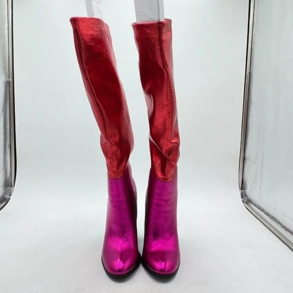 FSJ Red Purple Knee High Stretch Round Toe Block Chunky Pull On Shoes